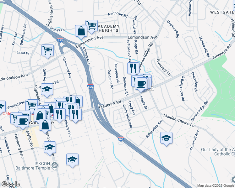 map of restaurants, bars, coffee shops, grocery stores, and more near 6609 Rannoch Drive in Catonsville