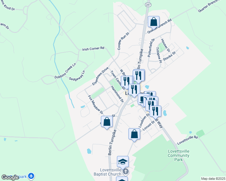 map of restaurants, bars, coffee shops, grocery stores, and more near 21 Hammond Drive in Lovettsville