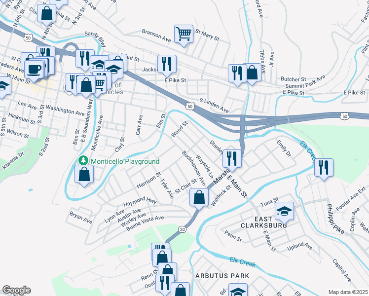 map of restaurants, bars, coffee shops, grocery stores, and more near 316 Buckhannon Avenue in Clarksburg