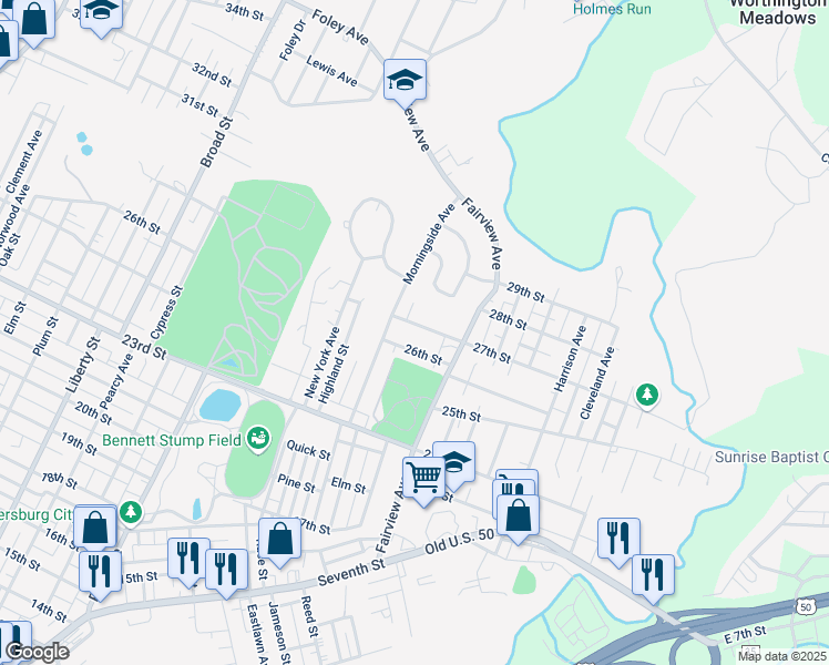 map of restaurants, bars, coffee shops, grocery stores, and more near 2512 26th Avenue in Parkersburg