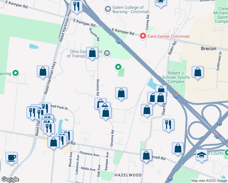 map of restaurants, bars, coffee shops, grocery stores, and more near 11450 Grooms Road in Cincinnati