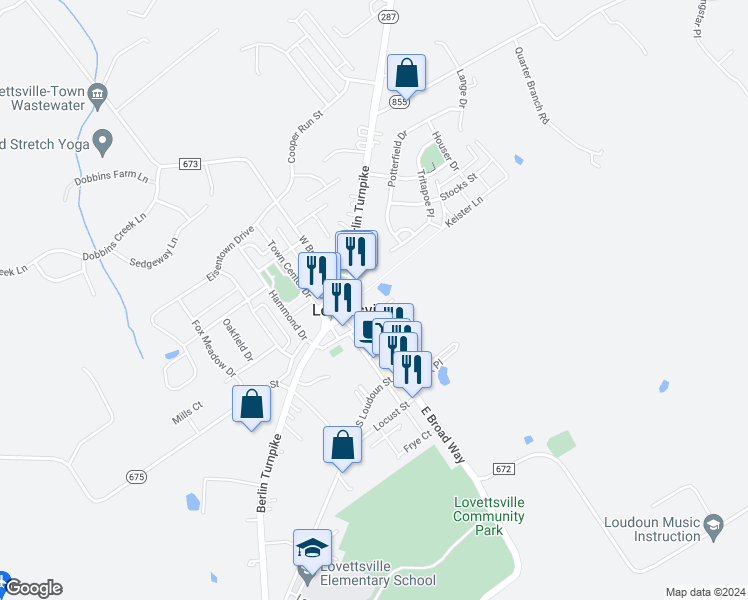 map of restaurants, bars, coffee shops, grocery stores, and more near 15 North Church Street in Lovettsville