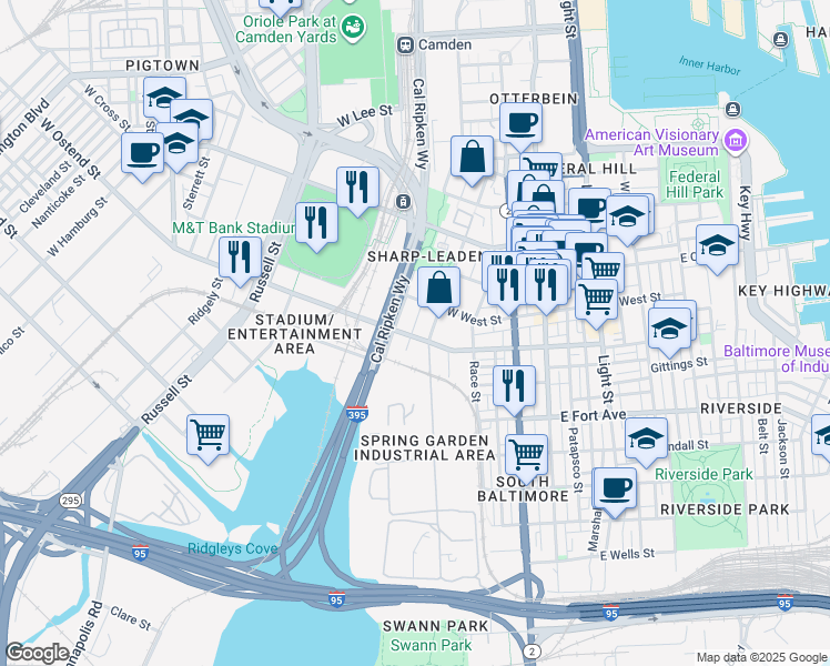 map of restaurants, bars, coffee shops, grocery stores, and more near 180 West Ostend Street in Baltimore