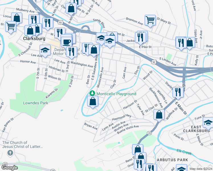 map of restaurants, bars, coffee shops, grocery stores, and more near 129 Denham Street in Clarksburg