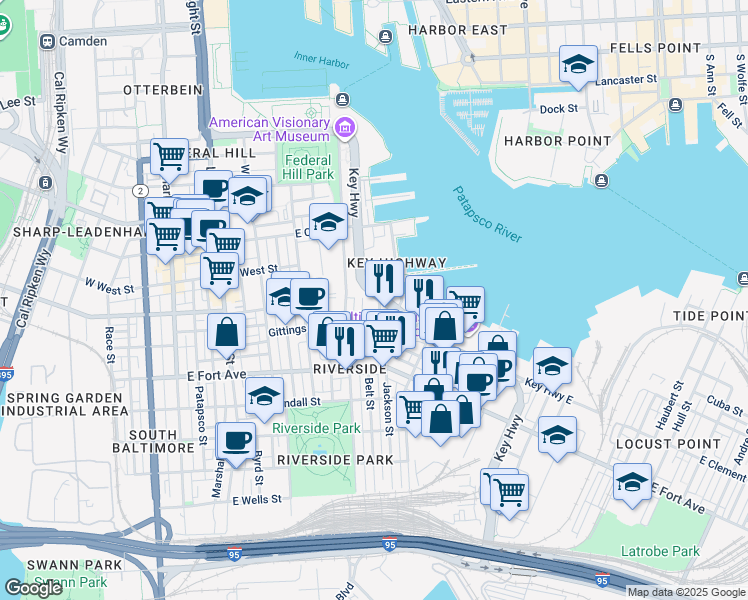 map of restaurants, bars, coffee shops, grocery stores, and more near 1308 Jackson Street in Baltimore