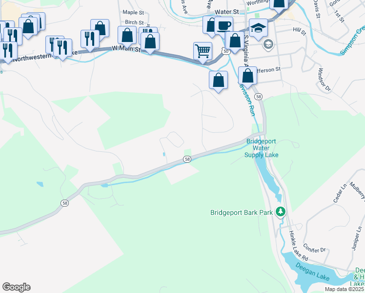 map of restaurants, bars, coffee shops, grocery stores, and more near 214 Frisco Lane in Bridgeport