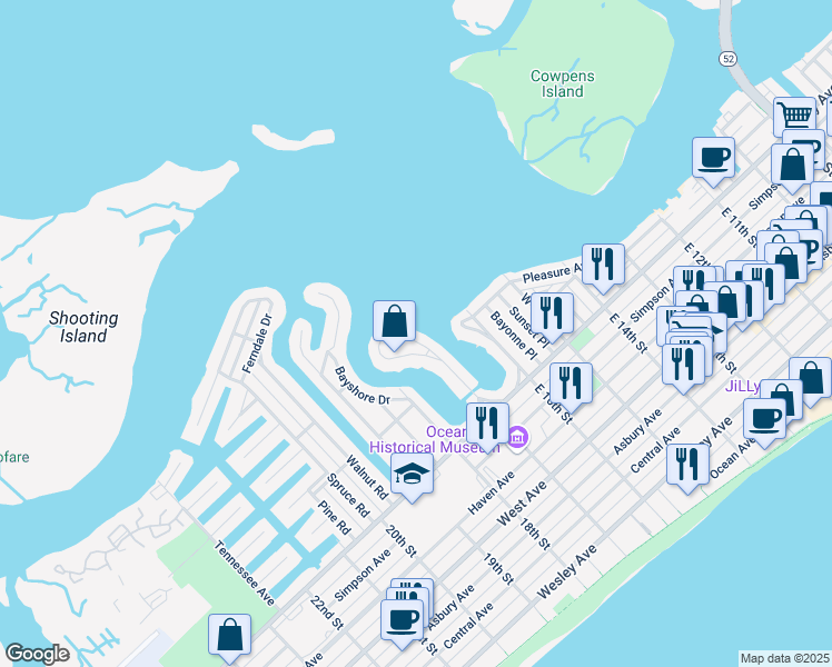 map of restaurants, bars, coffee shops, grocery stores, and more near 122-26 East 17th Street in Ocean City