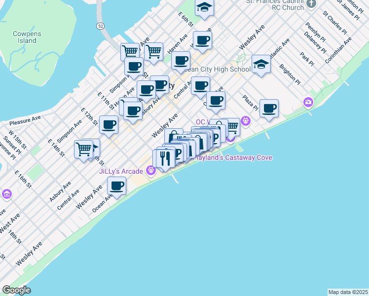 map of restaurants, bars, coffee shops, grocery stores, and more near 1000 Boardwalk in Ocean City