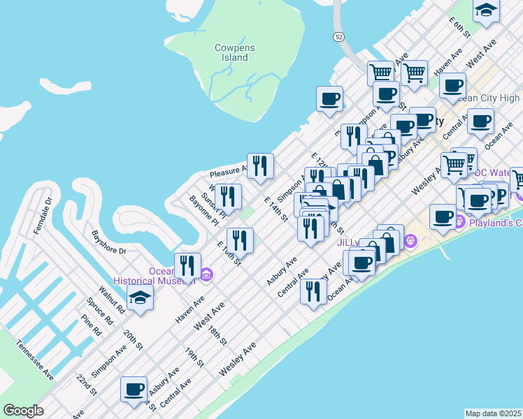 map of restaurants, bars, coffee shops, grocery stores, and more near 1422 Haven Avenue in Ocean City