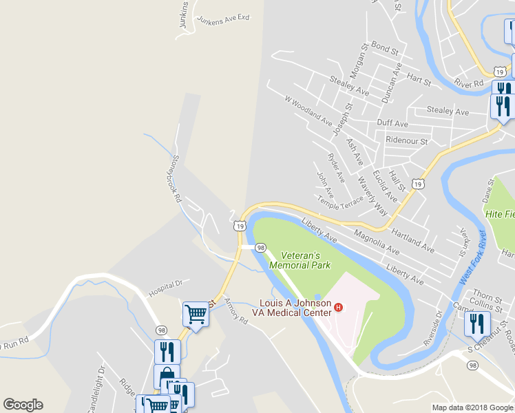 map of restaurants, bars, coffee shops, grocery stores, and more near 2 Liberty Avenue in Clarksburg