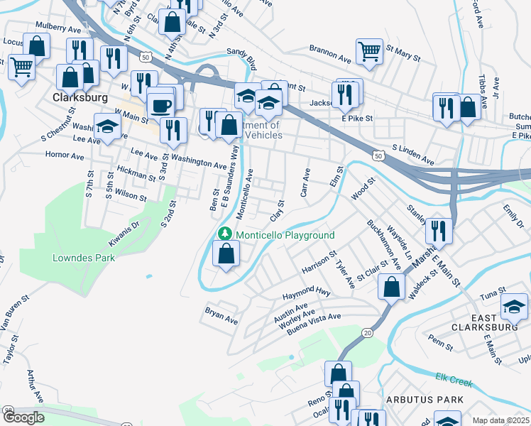 map of restaurants, bars, coffee shops, grocery stores, and more near 125 Denham Street in Clarksburg