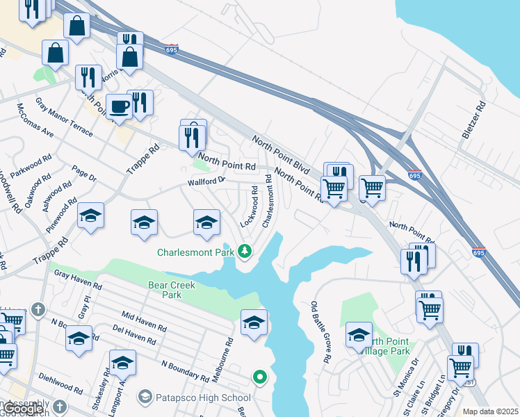 map of restaurants, bars, coffee shops, grocery stores, and more near 7839 Lockwood Road in Dundalk