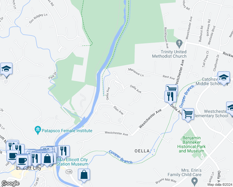map of restaurants, bars, coffee shops, grocery stores, and more near 726 Mary Jo Way in Ellicott City