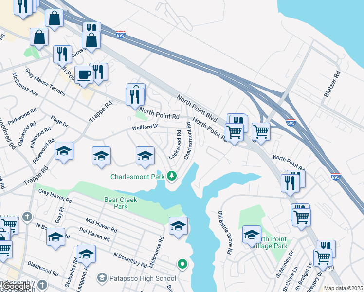 map of restaurants, bars, coffee shops, grocery stores, and more near 7839 Lockwood Road in Dundalk