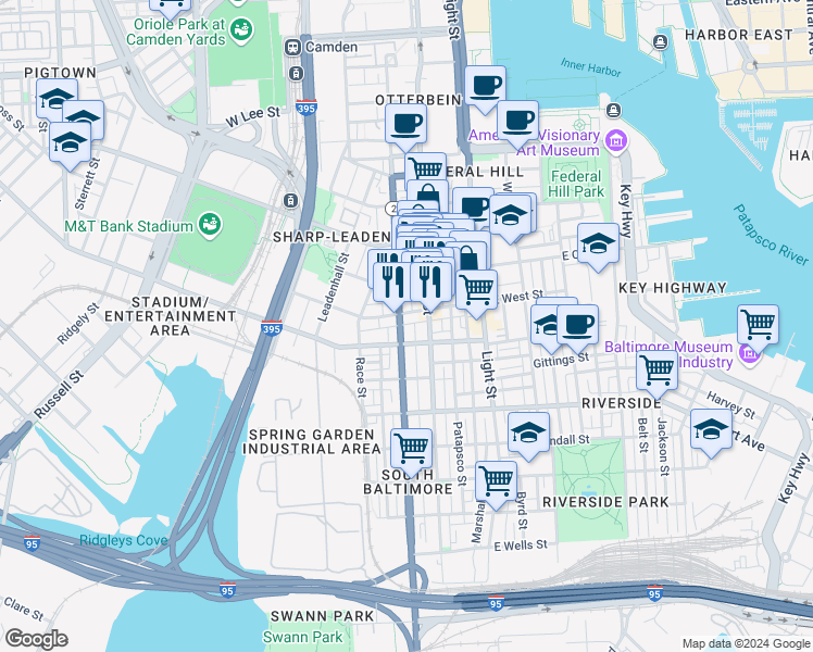 map of restaurants, bars, coffee shops, grocery stores, and more near 1207 South Hanover Street in Baltimore