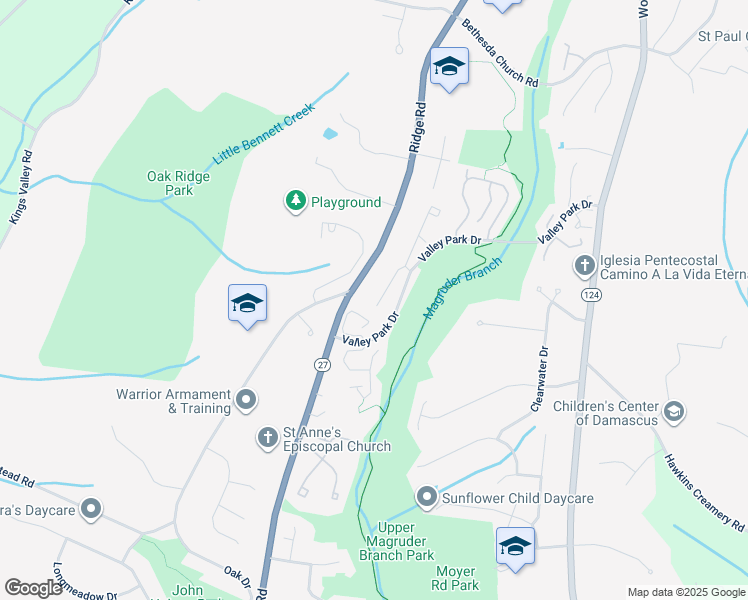 map of restaurants, bars, coffee shops, grocery stores, and more near 25520 Joy Lane in Damascus