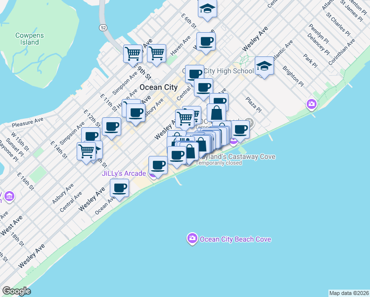 map of restaurants, bars, coffee shops, grocery stores, and more near 901 Ocean Avenue in Ocean City