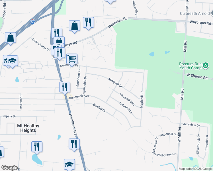 map of restaurants, bars, coffee shops, grocery stores, and more near 2043 Mistyhill Drive in Cincinnati