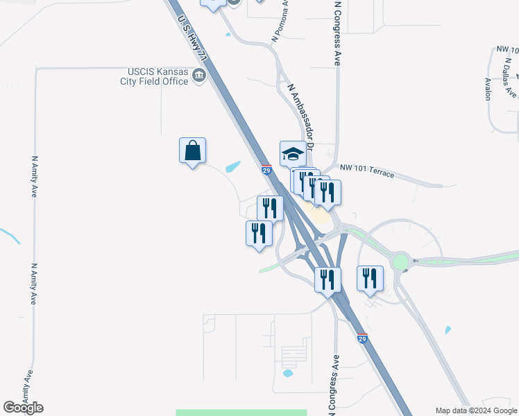 map of restaurants, bars, coffee shops, grocery stores, and more near 7834 Northwest 100th Street in Kansas City