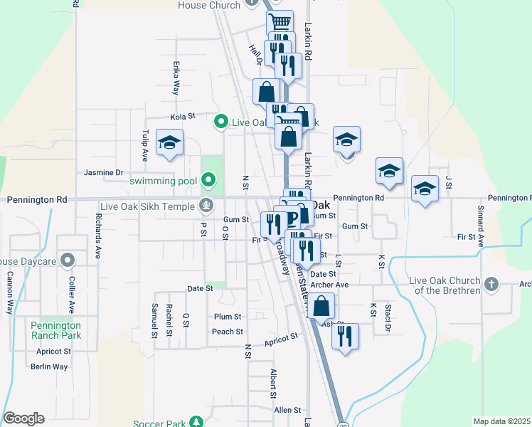 map of restaurants, bars, coffee shops, grocery stores, and more near 2578-2588 Pennington Road in Live Oak