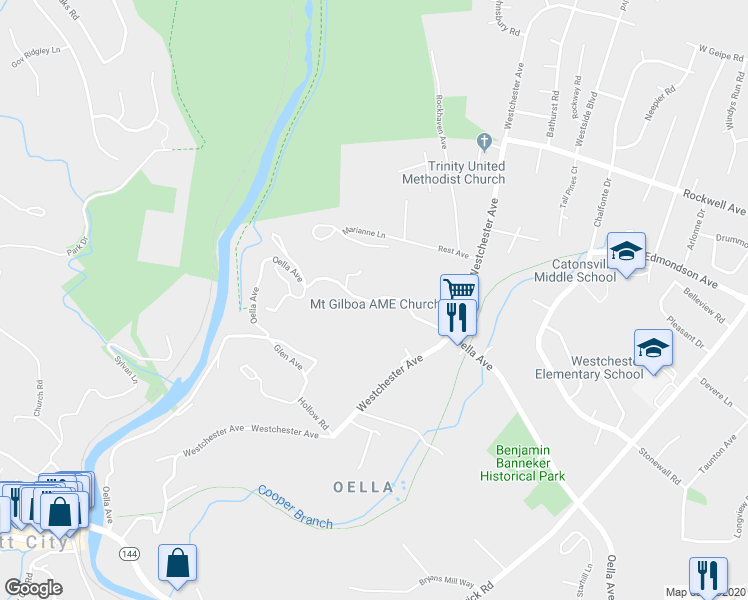 map of restaurants, bars, coffee shops, grocery stores, and more near 738 Oella Avenue in Ellicott City