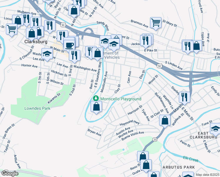 map of restaurants, bars, coffee shops, grocery stores, and more near 114 Thompson Street in Clarksburg
