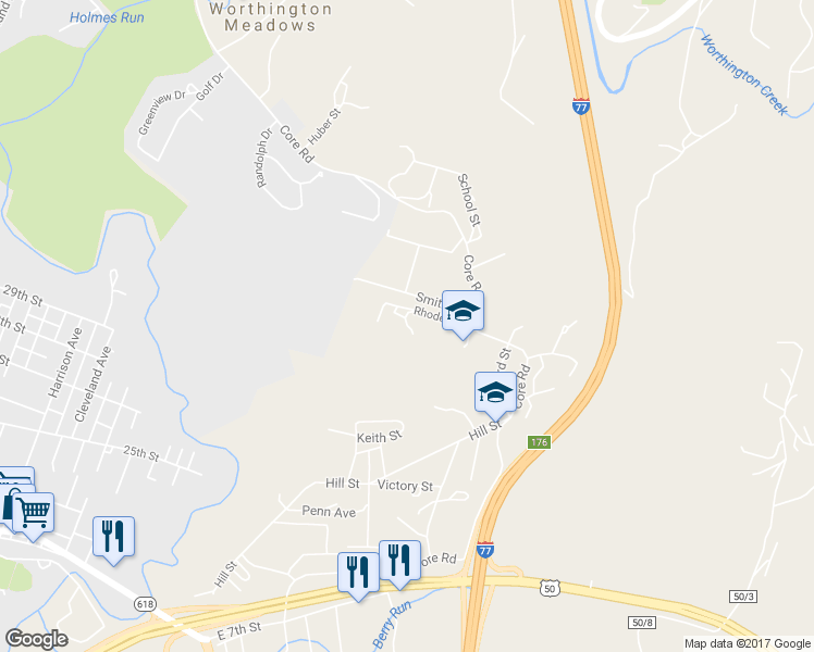 map of restaurants, bars, coffee shops, grocery stores, and more near 3450 Parkersburg Road in Ravenswood