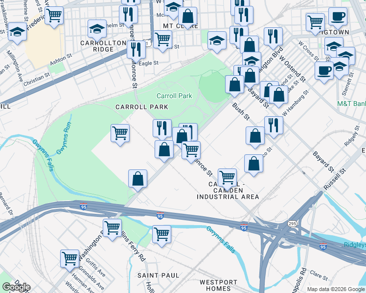 map of restaurants, bars, coffee shops, grocery stores, and more near 1000 South Monroe Street in Baltimore