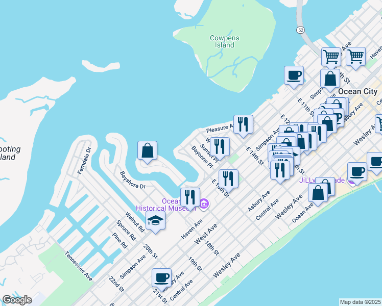 map of restaurants, bars, coffee shops, grocery stores, and more near 61-63 West 16th Street in Ocean City