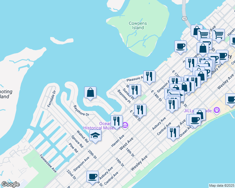 map of restaurants, bars, coffee shops, grocery stores, and more near 61-63 West 16th Street in Ocean City