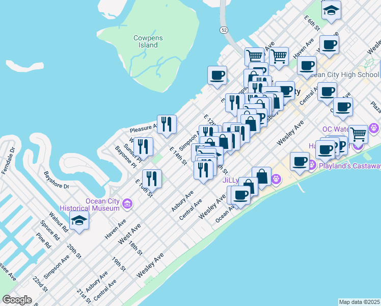 map of restaurants, bars, coffee shops, grocery stores, and more near 1300-2-02 Haven Avenue in Ocean City