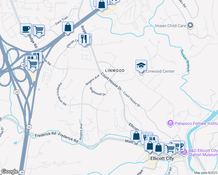 map of restaurants, bars, coffee shops, grocery stores, and more near 3430 Court House Drive in Ellicott City