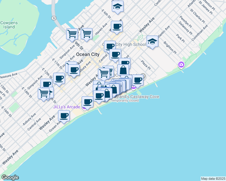 map of restaurants, bars, coffee shops, grocery stores, and more near 901 Ocean Avenue in Ocean City