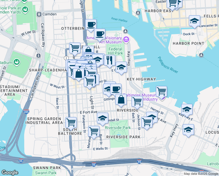 map of restaurants, bars, coffee shops, grocery stores, and more near 1233 Battery Avenue in Baltimore