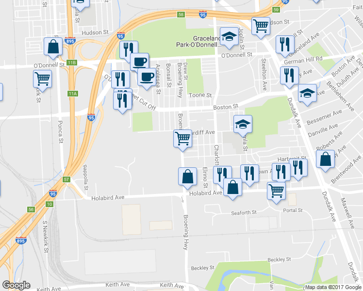 map of restaurants, bars, coffee shops, grocery stores, and more near Broening Hwy & Bessemer Ave in Baltimore
