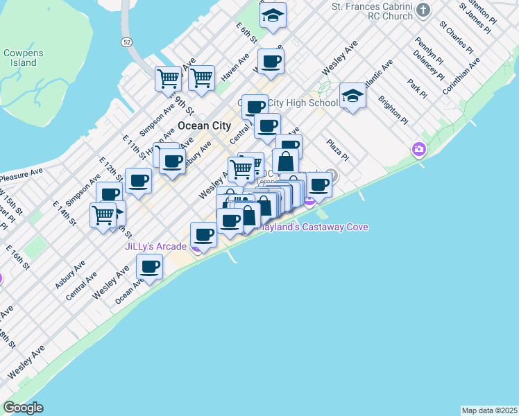 map of restaurants, bars, coffee shops, grocery stores, and more near 935 Ocean Avenue in Ocean City