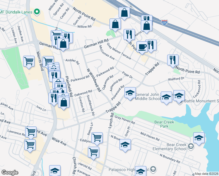 map of restaurants, bars, coffee shops, grocery stores, and more near 229 Ashwood Road in Dundalk