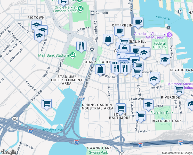 map of restaurants, bars, coffee shops, grocery stores, and more near 180 West Ostend Street in Baltimore