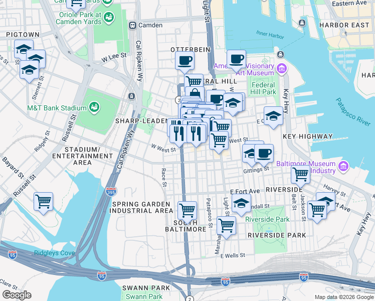 map of restaurants, bars, coffee shops, grocery stores, and more near 15 W West St in Baltimore