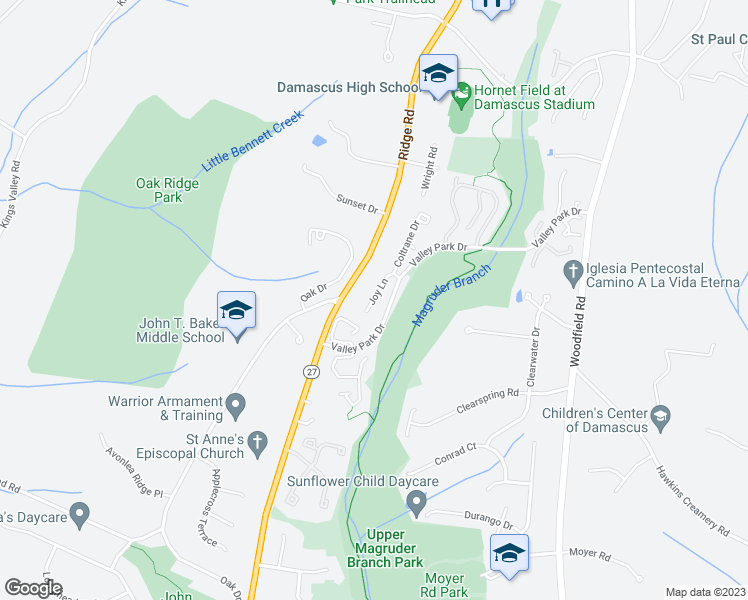 map of restaurants, bars, coffee shops, grocery stores, and more near 25537 Joy Lane in Damascus