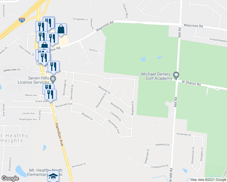 map of restaurants, bars, coffee shops, grocery stores, and more near 10909 Tangleberry Court in Cincinnati