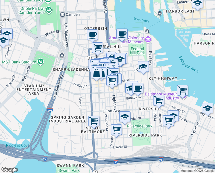 map of restaurants, bars, coffee shops, grocery stores, and more near 1212 Marshall Street in Baltimore