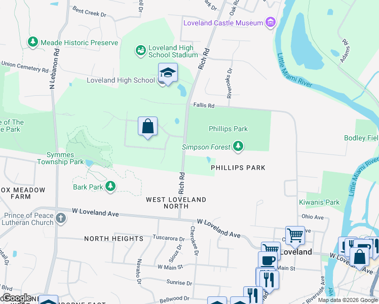 map of restaurants, bars, coffee shops, grocery stores, and more near 11608 Rich Road in Loveland