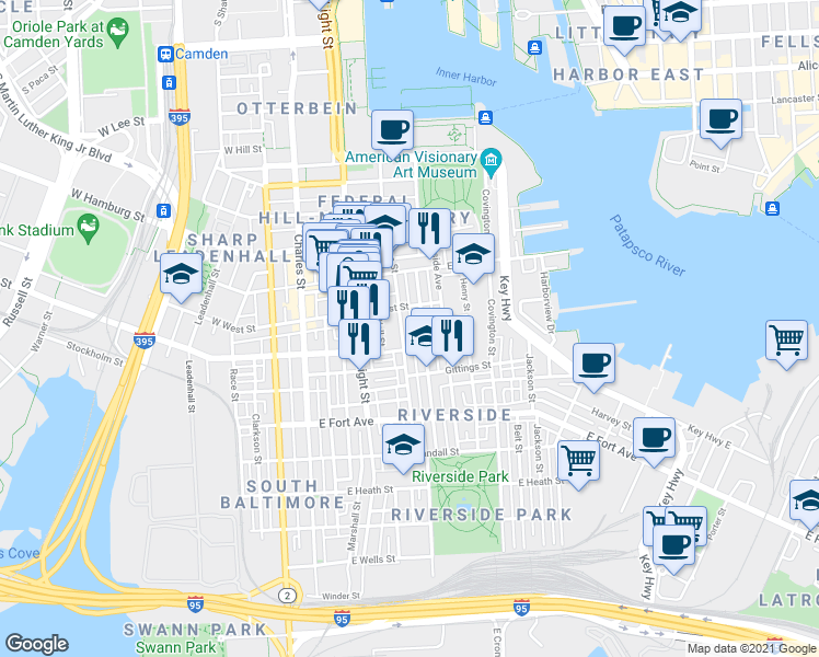 map of restaurants, bars, coffee shops, grocery stores, and more near 1228 Durst Street in Baltimore