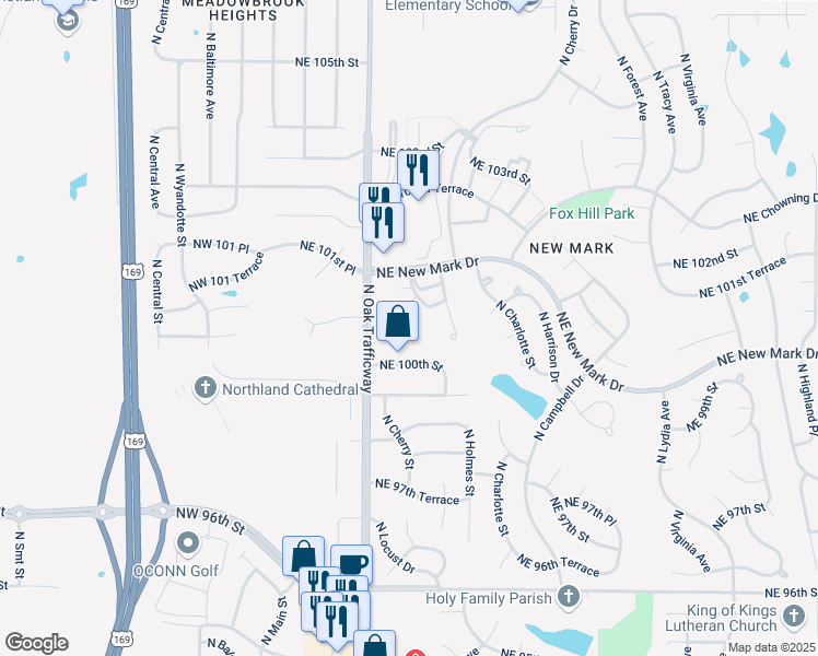 map of restaurants, bars, coffee shops, grocery stores, and more near 604 Northeast 101 Street in Kansas City