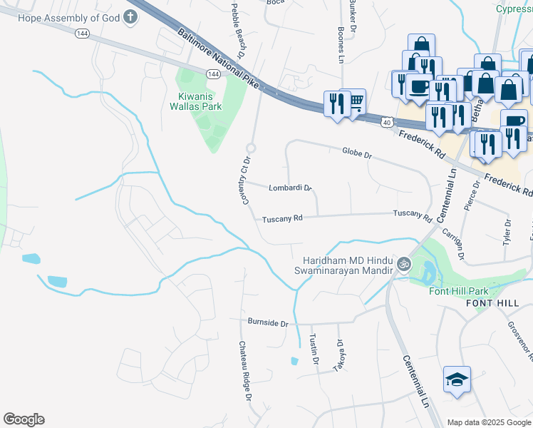 map of restaurants, bars, coffee shops, grocery stores, and more near 10390 Tuscany Road in Ellicott City