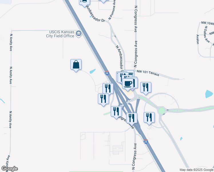 map of restaurants, bars, coffee shops, grocery stores, and more near 9900 Northwest Prairie View Road in Kansas City