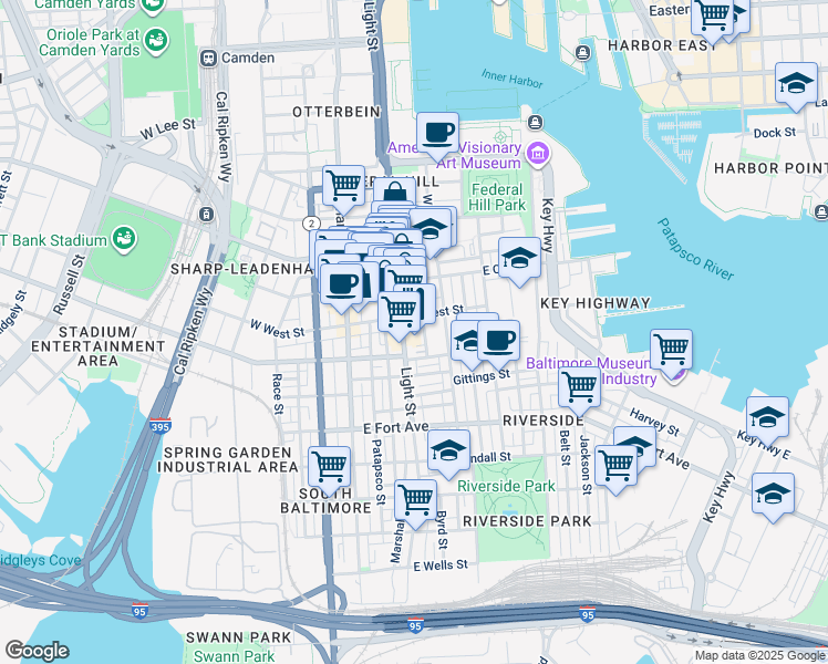 map of restaurants, bars, coffee shops, grocery stores, and more near 1211 Light Street in Baltimore