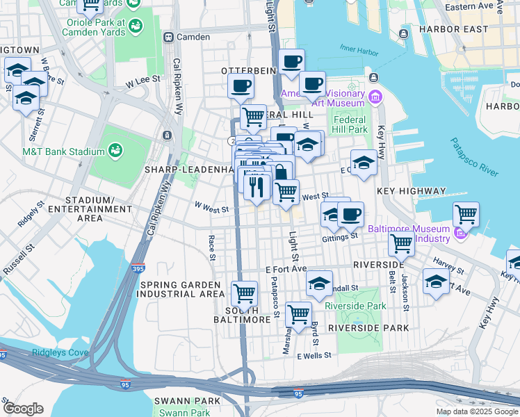 map of restaurants, bars, coffee shops, grocery stores, and more near 1201 South Charles Street in Baltimore