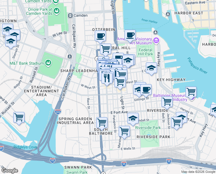 map of restaurants, bars, coffee shops, grocery stores, and more near 1201 South Charles Street in Baltimore